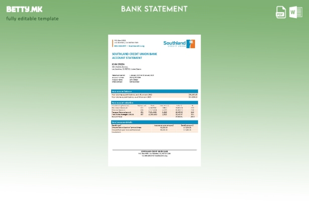 модерен стил на САД Калифорнија Саутленд Кредитна унија Шаблон за извод од банка